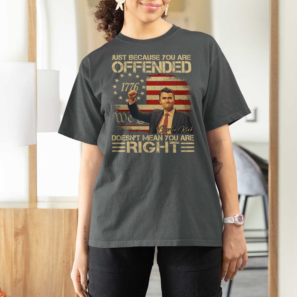 Charlie Kirk Memorial T Shirt For Women Freedom Commemorative USA Flag Tribute - Wonder Print Shop