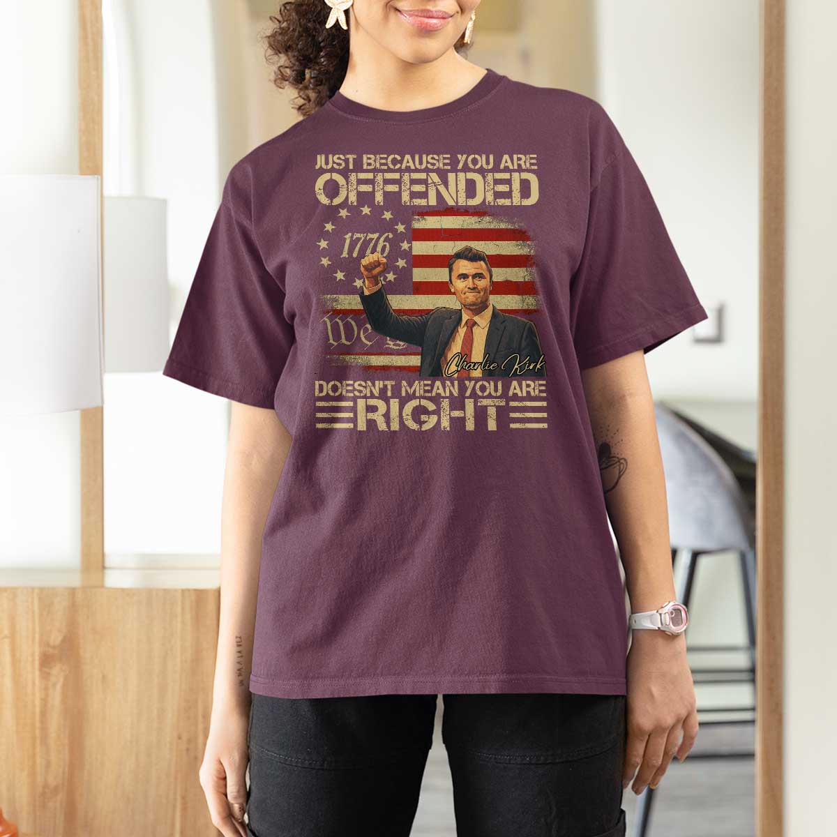 Charlie Kirk Memorial T Shirt For Women Freedom Commemorative USA Flag Tribute - Wonder Print Shop