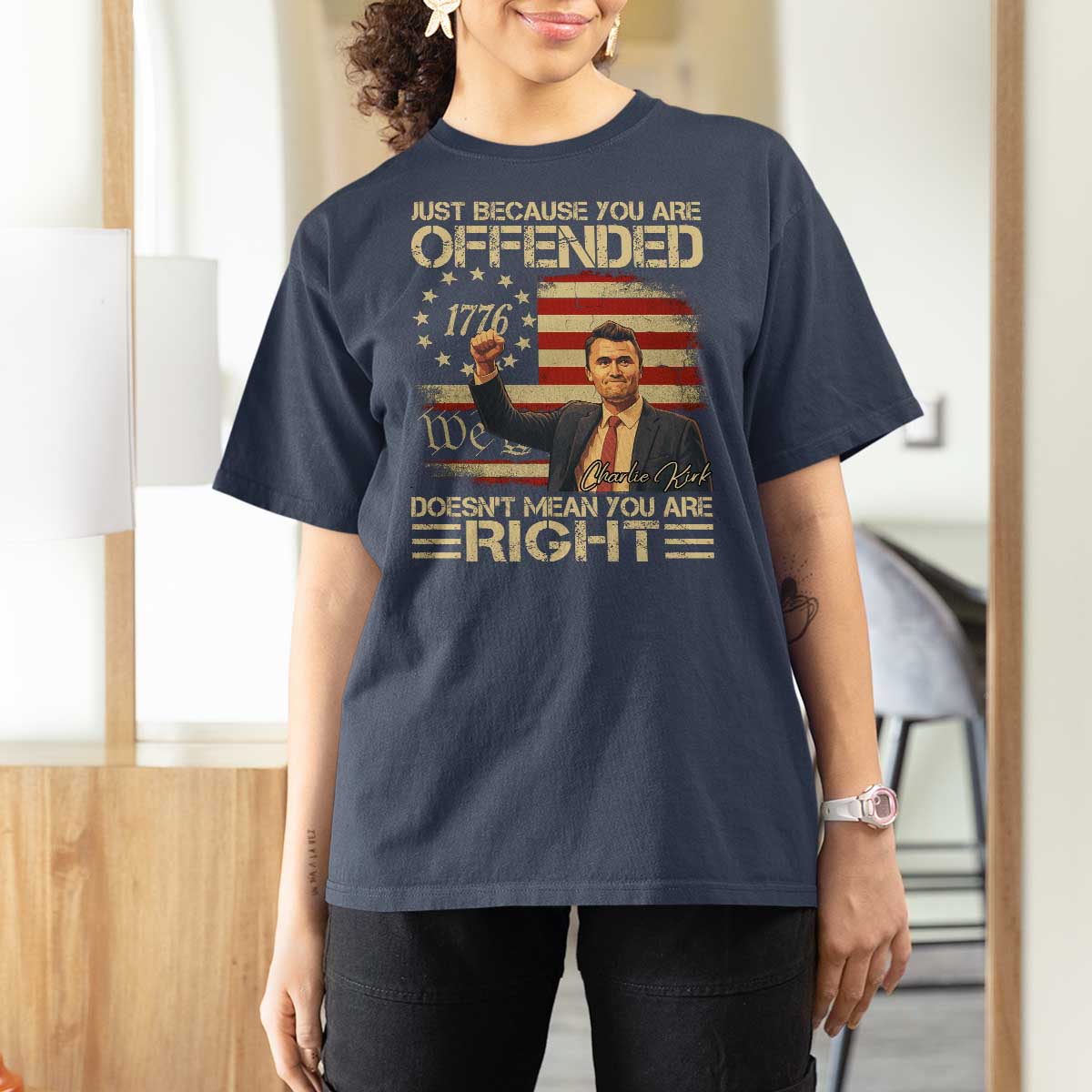 Charlie Kirk Memorial T Shirt For Women Freedom Commemorative USA Flag Tribute - Wonder Print Shop