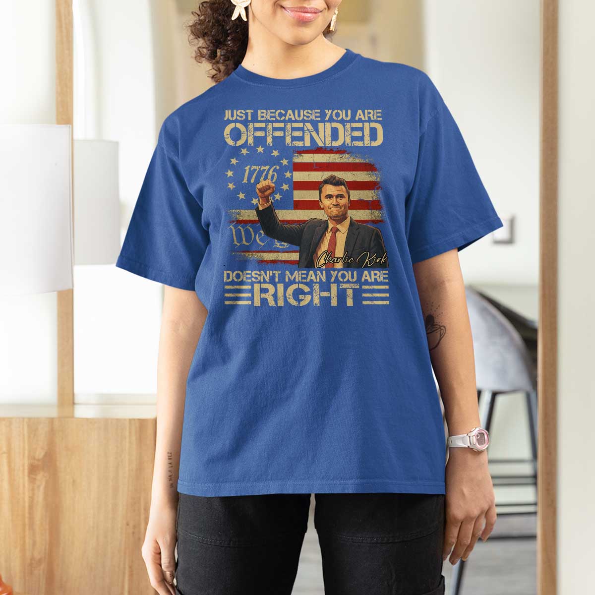 Charlie Kirk Memorial T Shirt For Women Freedom Commemorative USA Flag Tribute - Wonder Print Shop