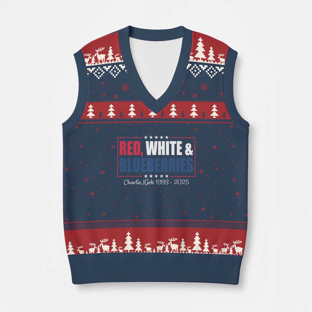 Red White Blueberries V-Neck Knit Sweater Vest Charlie Kirk Inspired Patriotic Memorial Freedom - Wonder Print Shop