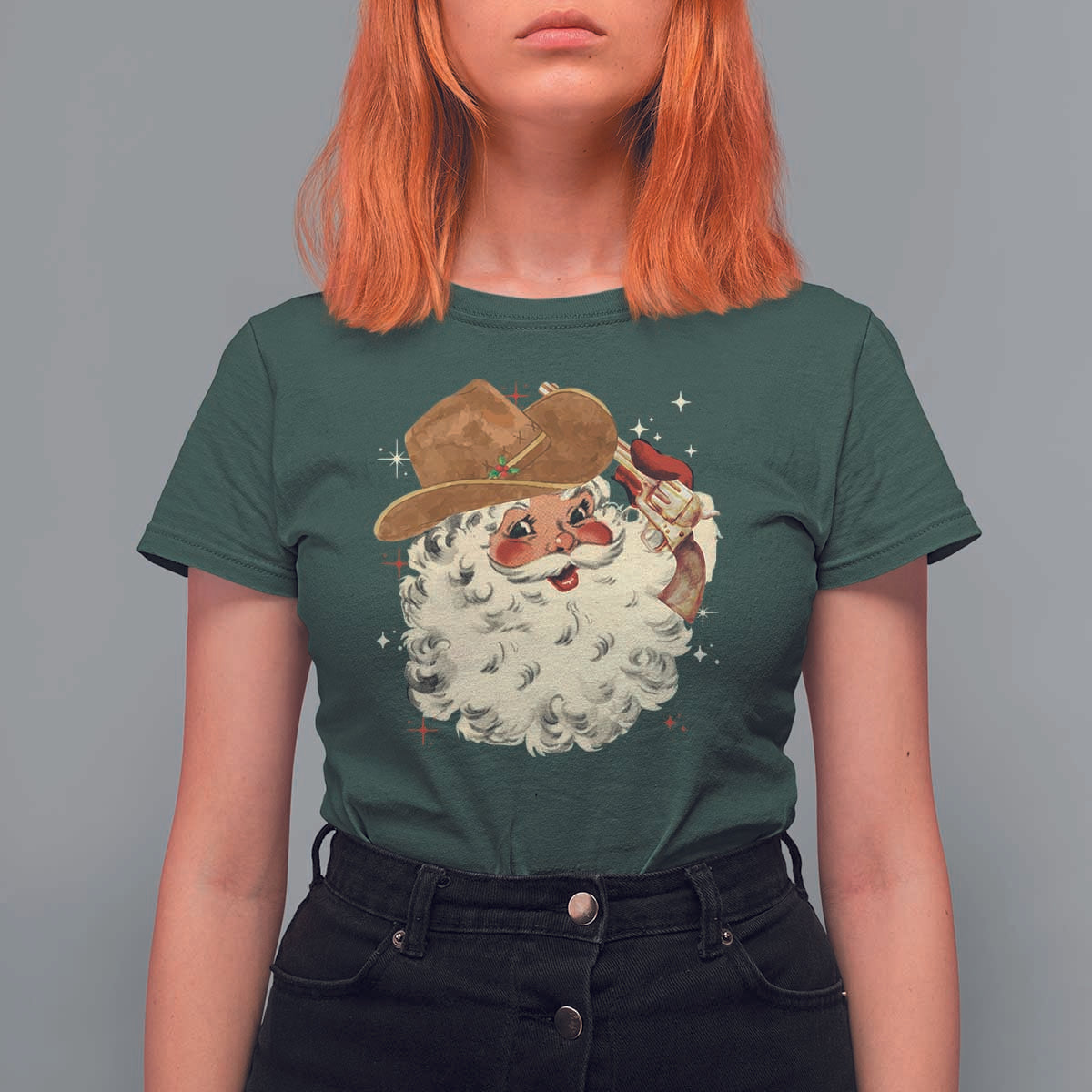Christmas Cowboy T Shirt For Women Santa Claus Merry Xmas Vintage 90s Western Country - Wonder Print Shop