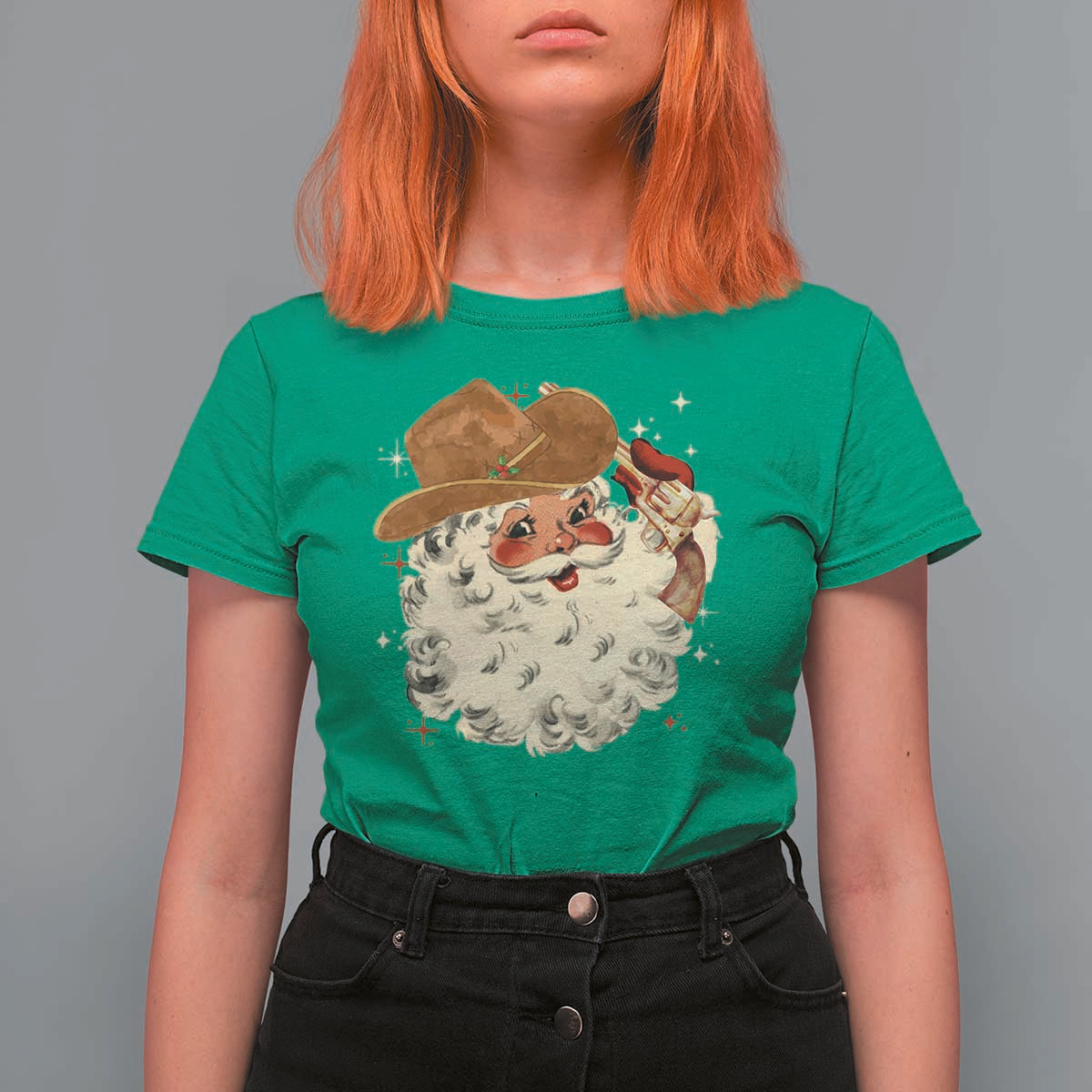 Christmas Cowboy T Shirt For Women Santa Claus Merry Xmas Vintage 90s Western Country - Wonder Print Shop