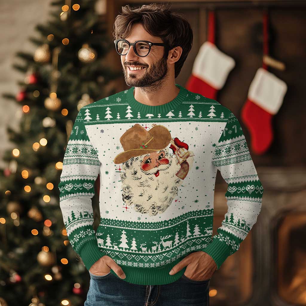 Cowboy Ugly Christmas Sweater Santa Claus Merry Xmas Vintage 90s Western Country - Wonder Print Shop