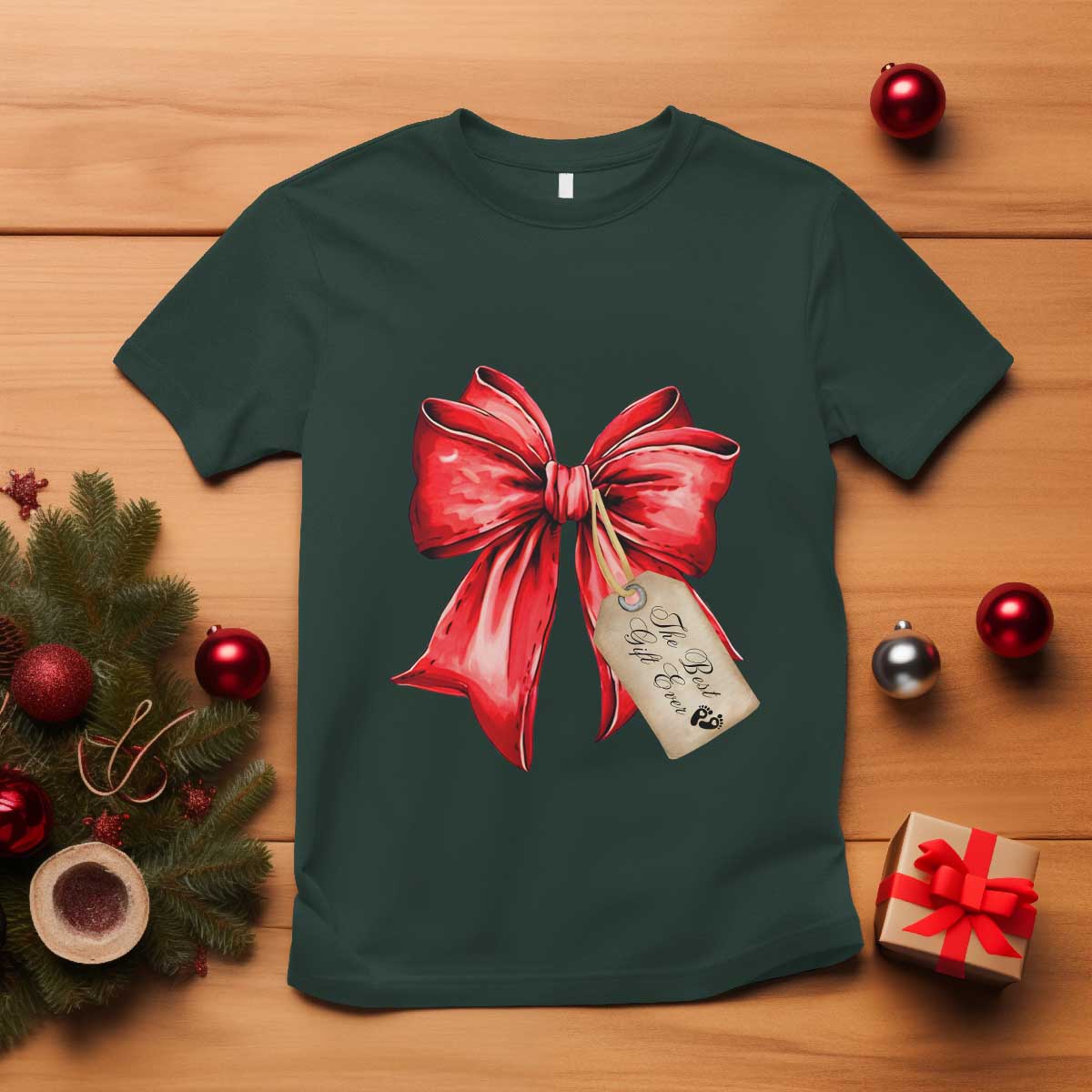 Christmas Pregnancy Announcement T Shirt Coquette Bow Xmas Maternity Gift - Wonder Print Shop