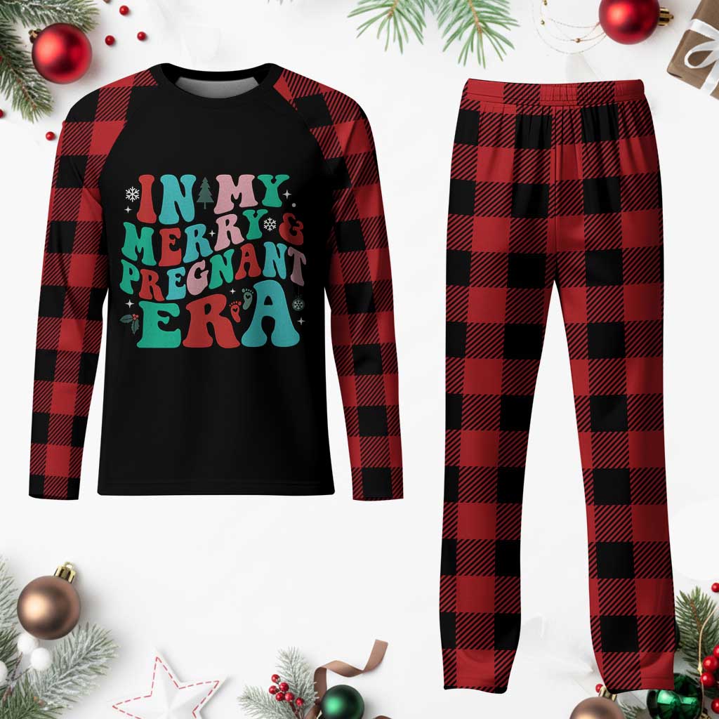 Pregnancy Announcement Plaid Pajama Set Merry & Pregnant Era Cute Groovy Christmas Holiday Xmas - Wonder Print Shop