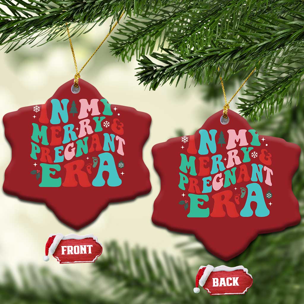 Pregnancy Announcement Christmas Ornament Merry & Pregnant Era Cute Groovy Christmas Holiday Xmas - Wonder Print Shop