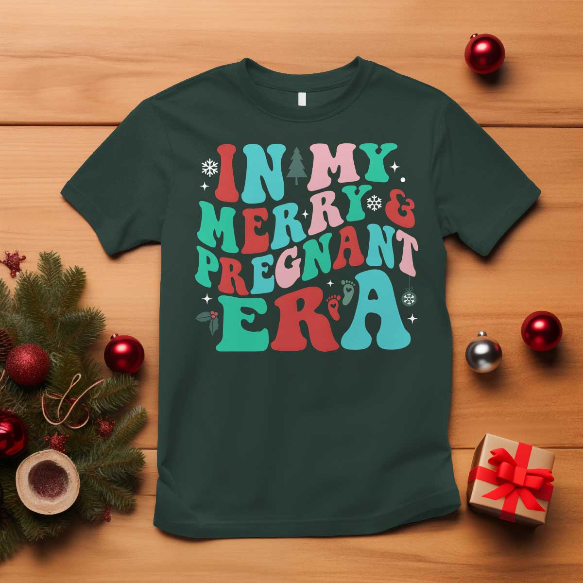 Christmas Pregnancy Announcement T Shirt Merry & Pregnant Era Cute Groovy Christmas Holiday Xmas - Wonder Print Shop
