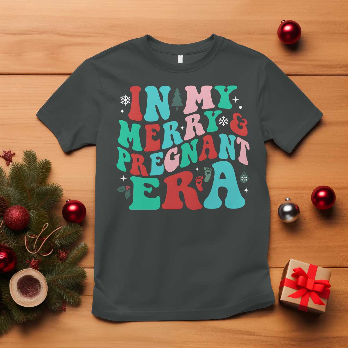Christmas Pregnancy Announcement T Shirt Merry & Pregnant Era Cute Groovy Christmas Holiday Xmas - Wonder Print Shop
