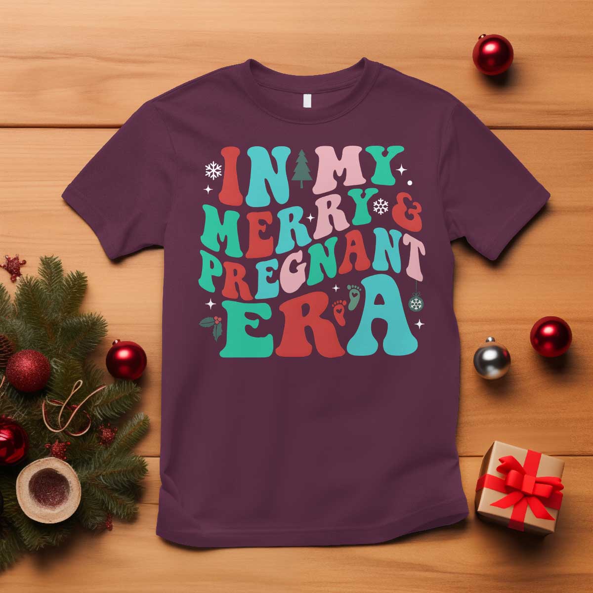 Christmas Pregnancy Announcement T Shirt Merry & Pregnant Era Cute Groovy Christmas Holiday Xmas - Wonder Print Shop