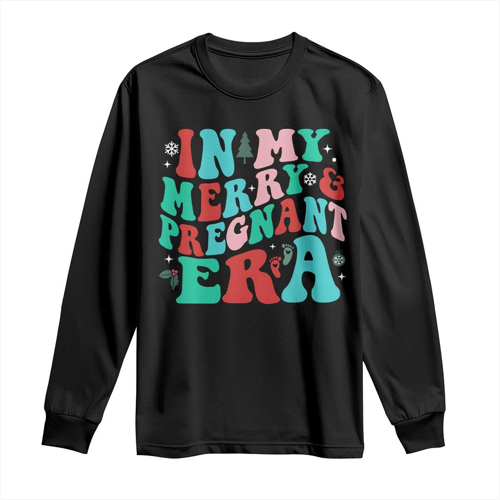 Christmas Pregnancy Announcement Long Sleeve Shirt Merry & Pregnant Era Cute Groovy Christmas Holiday Xmas