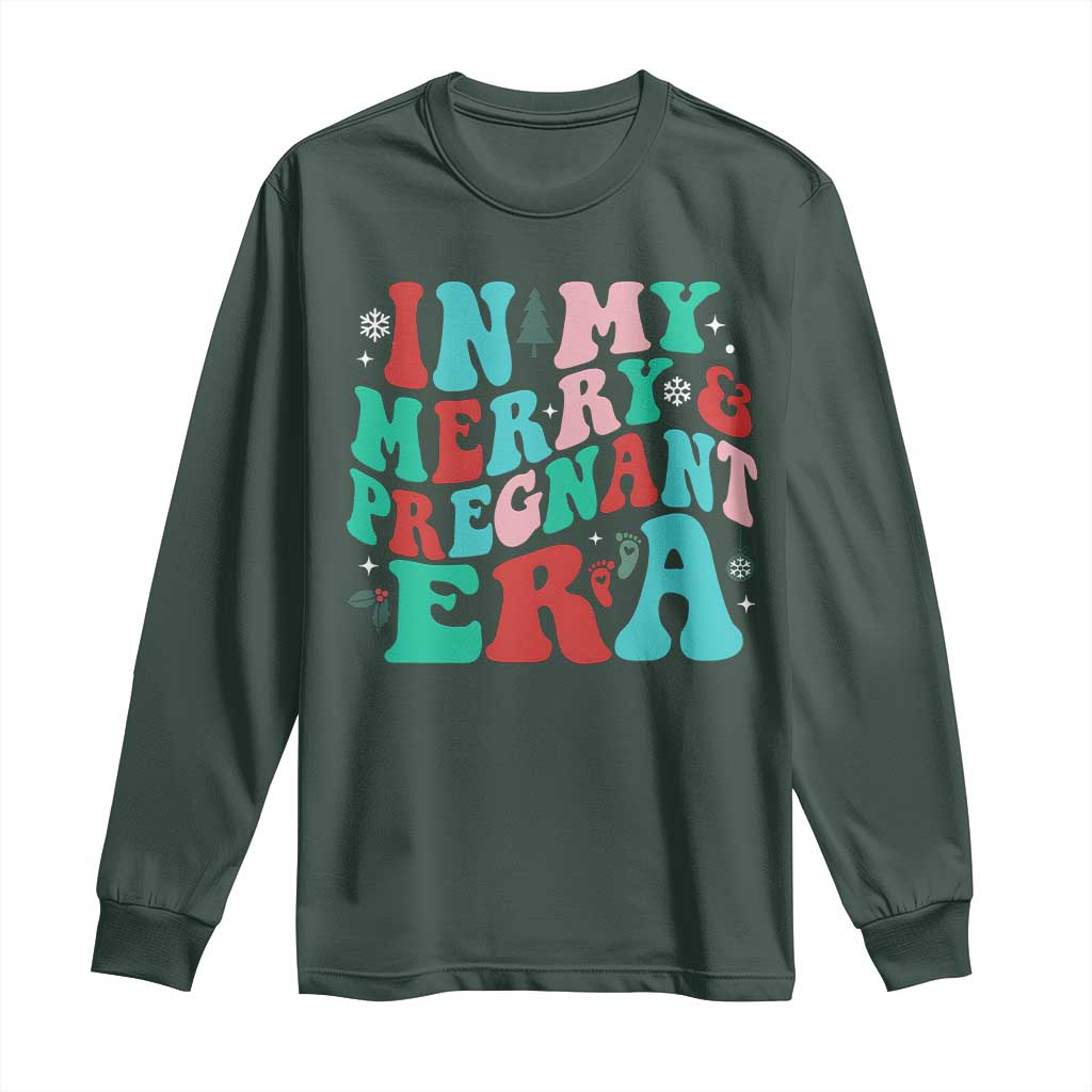 Christmas Pregnancy Announcement Long Sleeve Shirt Merry & Pregnant Era Cute Groovy Christmas Holiday Xmas