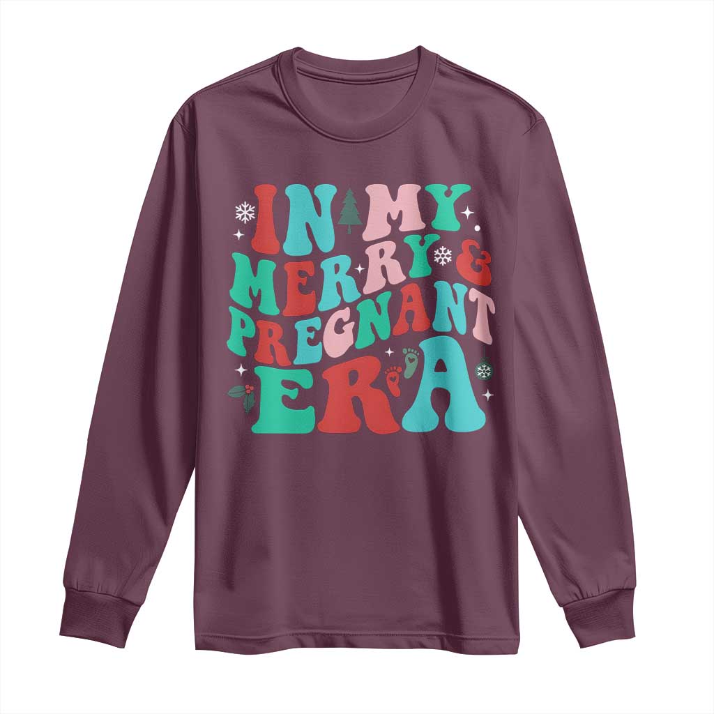 Christmas Pregnancy Announcement Long Sleeve Shirt Merry & Pregnant Era Cute Groovy Christmas Holiday Xmas