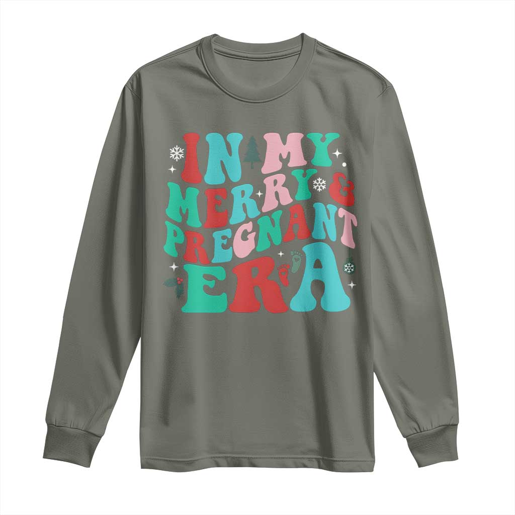 Christmas Pregnancy Announcement Long Sleeve Shirt Merry & Pregnant Era Cute Groovy Christmas Holiday Xmas