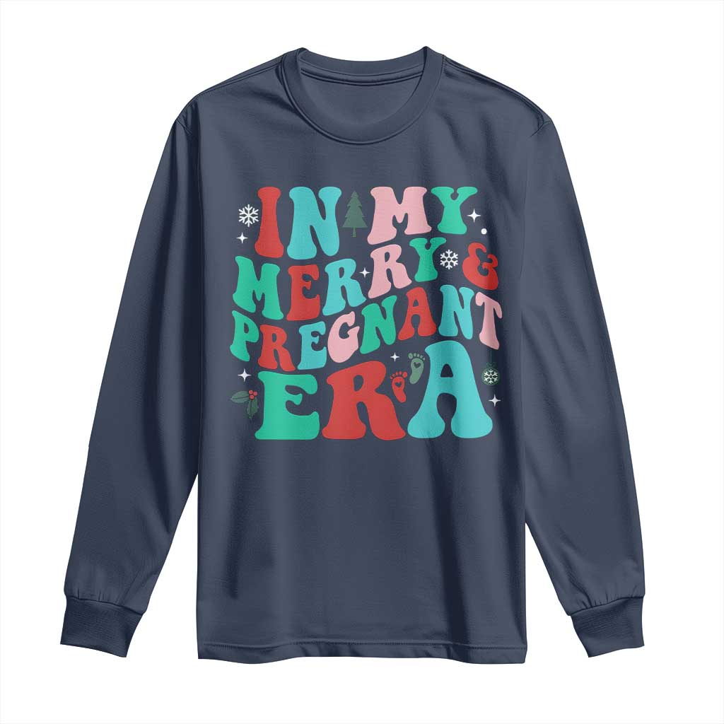 Christmas Pregnancy Announcement Long Sleeve Shirt Merry & Pregnant Era Cute Groovy Christmas Holiday Xmas