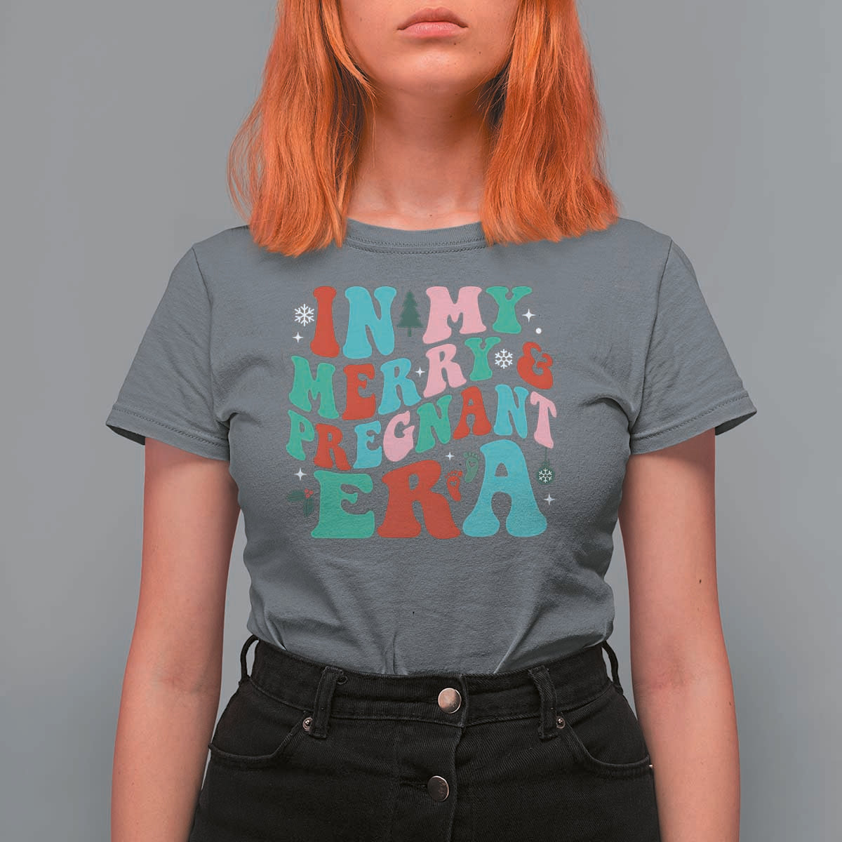 Christmas Pregnancy Announcement T Shirt For Women Merry & Pregnant Era Cute Groovy Christmas Holiday Xmas - Wonder Print Shop