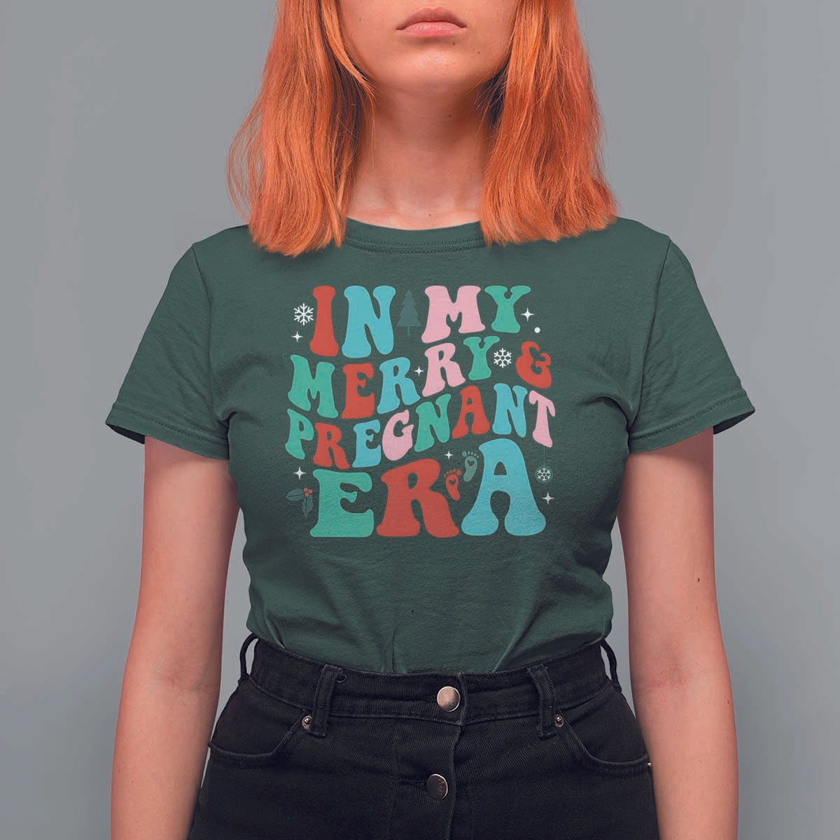 Christmas Pregnancy Announcement T Shirt For Women Merry & Pregnant Era Cute Groovy Christmas Holiday Xmas - Wonder Print Shop