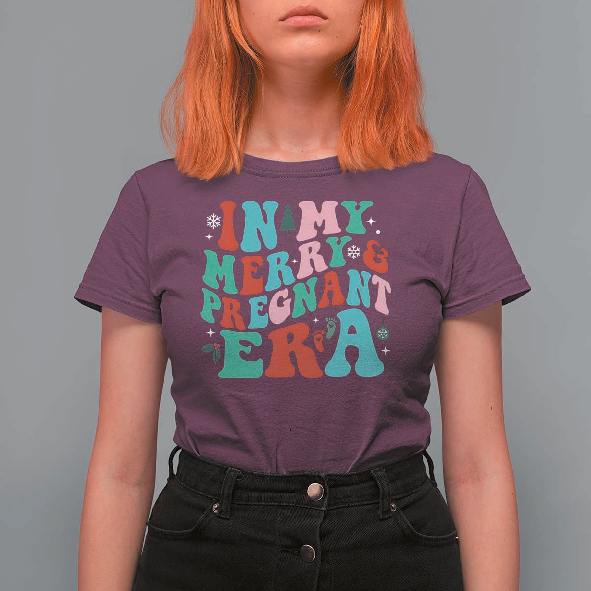 Christmas Pregnancy Announcement T Shirt For Women Merry & Pregnant Era Cute Groovy Christmas Holiday Xmas - Wonder Print Shop