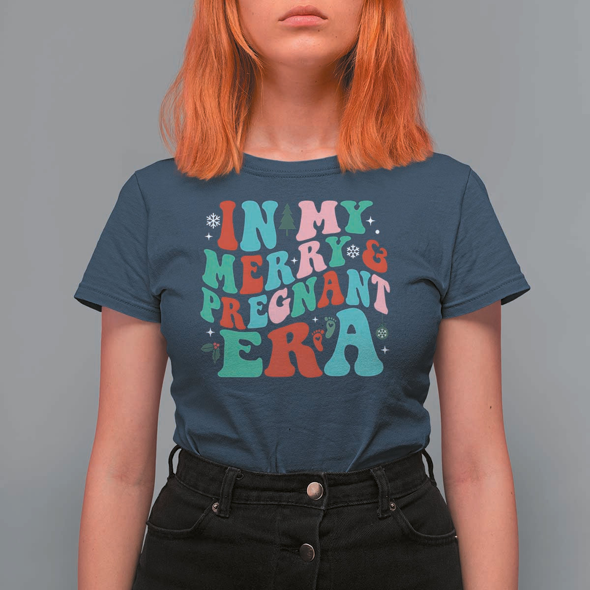 Christmas Pregnancy Announcement T Shirt For Women Merry & Pregnant Era Cute Groovy Christmas Holiday Xmas - Wonder Print Shop