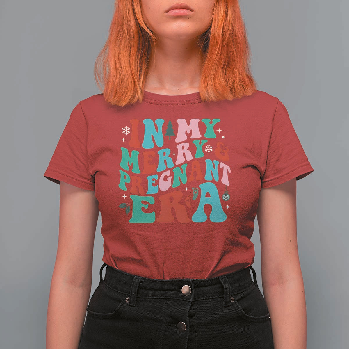 Christmas Pregnancy Announcement T Shirt For Women Merry & Pregnant Era Cute Groovy Christmas Holiday Xmas - Wonder Print Shop