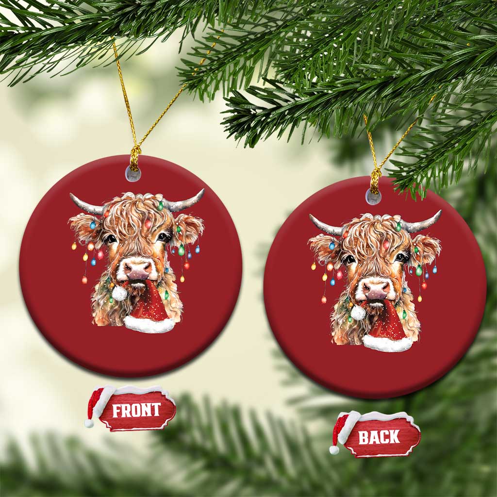 Xmas Cow Christmas Ornament Highland Cow Lights Santa Hats Farm Xmas - Wonder Print Shop