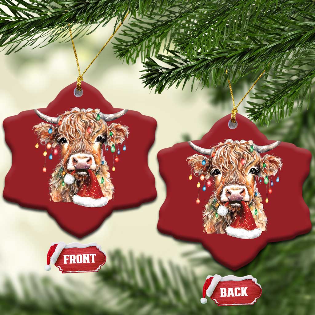 Xmas Cow Christmas Ornament Highland Cow Lights Santa Hats Farm Xmas - Wonder Print Shop