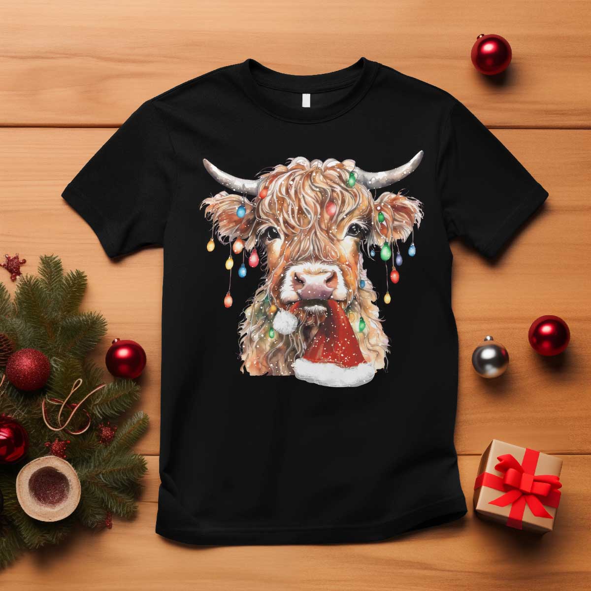 Christmas Cow T Shirt Highland Cow Lights Santa Hats Farm Xmas - Wonder Print Shop