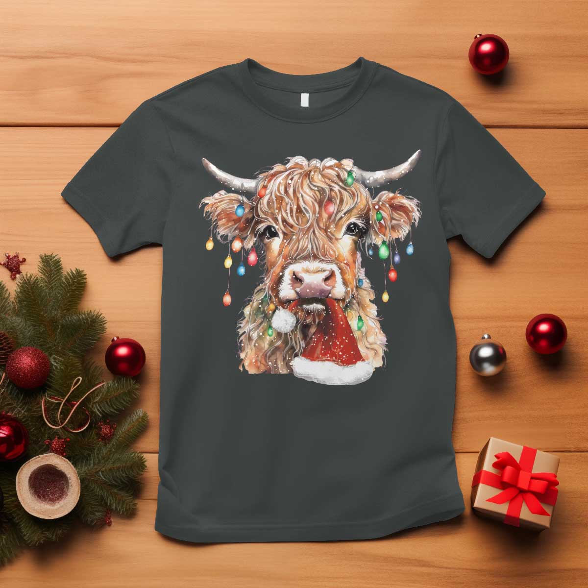 Christmas Cow T Shirt Highland Cow Lights Santa Hats Farm Xmas - Wonder Print Shop