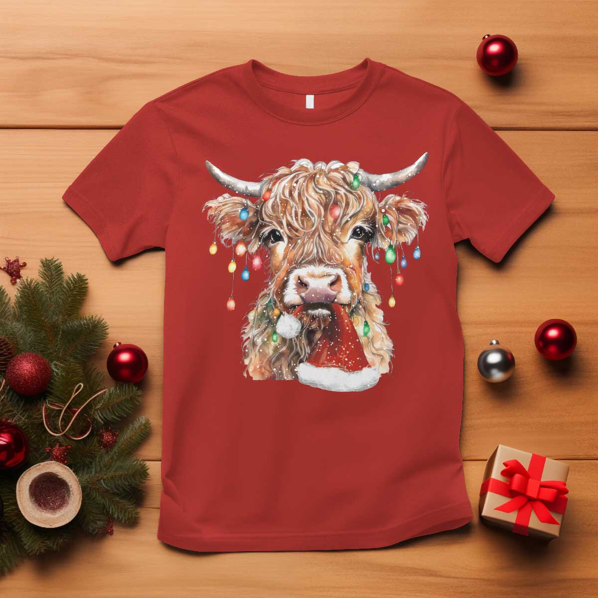 Christmas Cow T Shirt Highland Cow Lights Santa Hats Farm Xmas - Wonder Print Shop