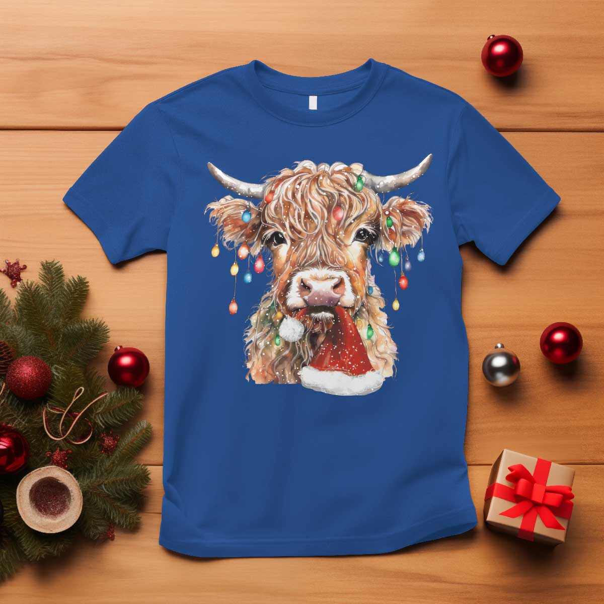 Christmas Cow T Shirt Highland Cow Lights Santa Hats Farm Xmas - Wonder Print Shop