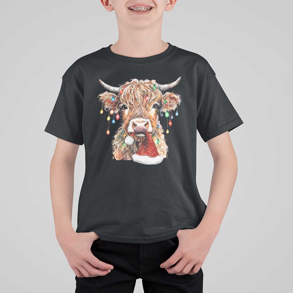 Christmas Cow T Shirt For Kid Highland Cow Lights Santa Hats Farm Xmas - Wonder Print Shop