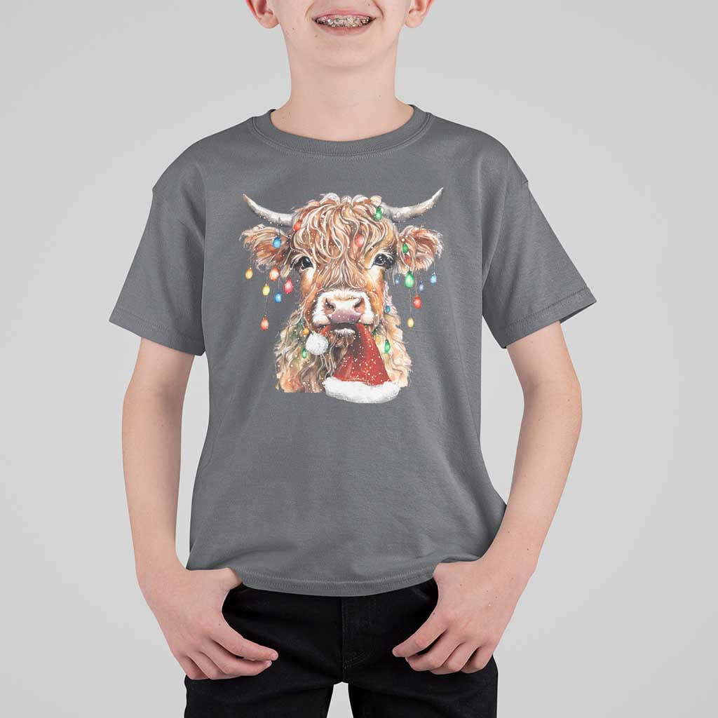 Christmas Cow T Shirt For Kid Highland Cow Lights Santa Hats Farm Xmas - Wonder Print Shop