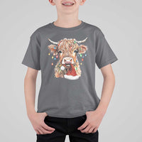 Christmas Cow T Shirt For Kid Highland Cow Lights Santa Hats Farm Xmas - Wonder Print Shop