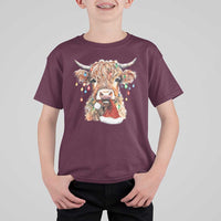 Christmas Cow T Shirt For Kid Highland Cow Lights Santa Hats Farm Xmas - Wonder Print Shop