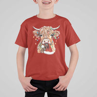 Christmas Cow T Shirt For Kid Highland Cow Lights Santa Hats Farm Xmas - Wonder Print Shop