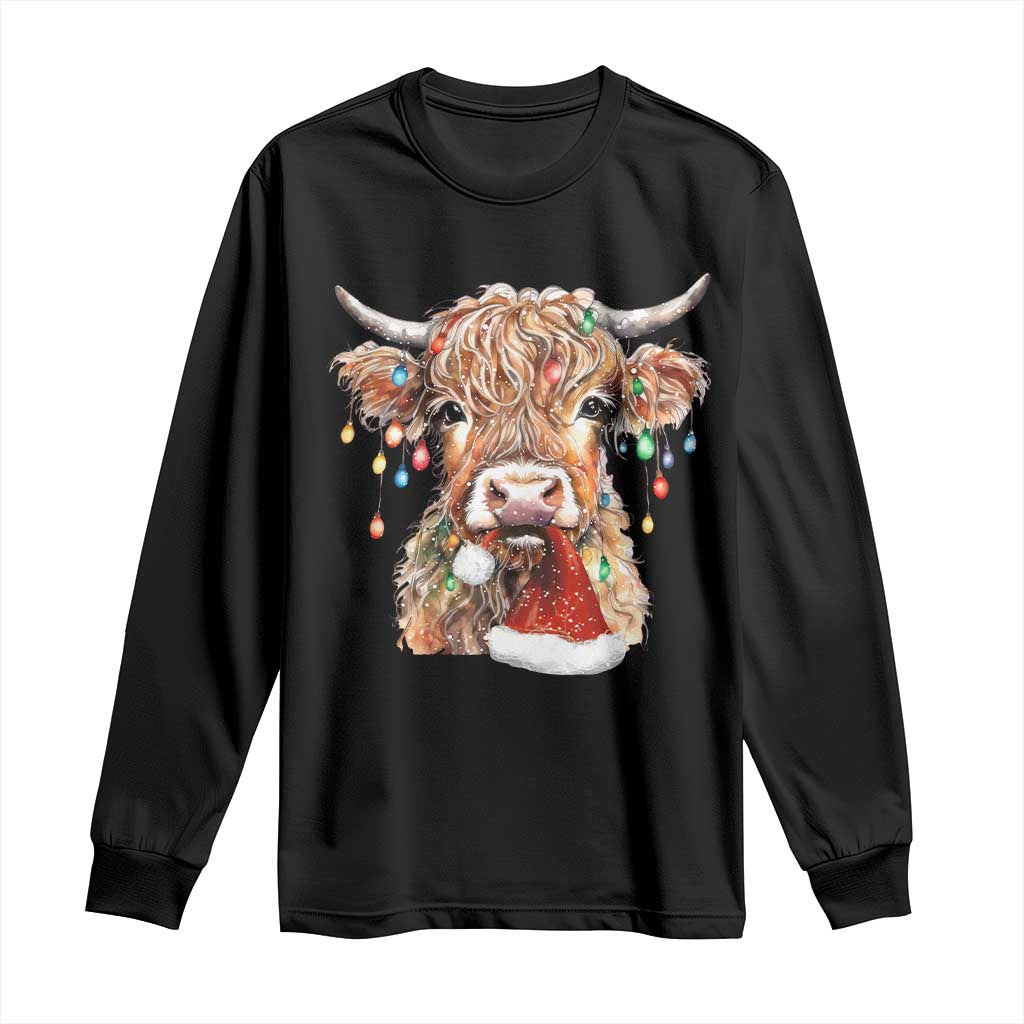 Christmas Cow Long Sleeve Shirt Highland Cow Lights Santa Hats Farm Xmas