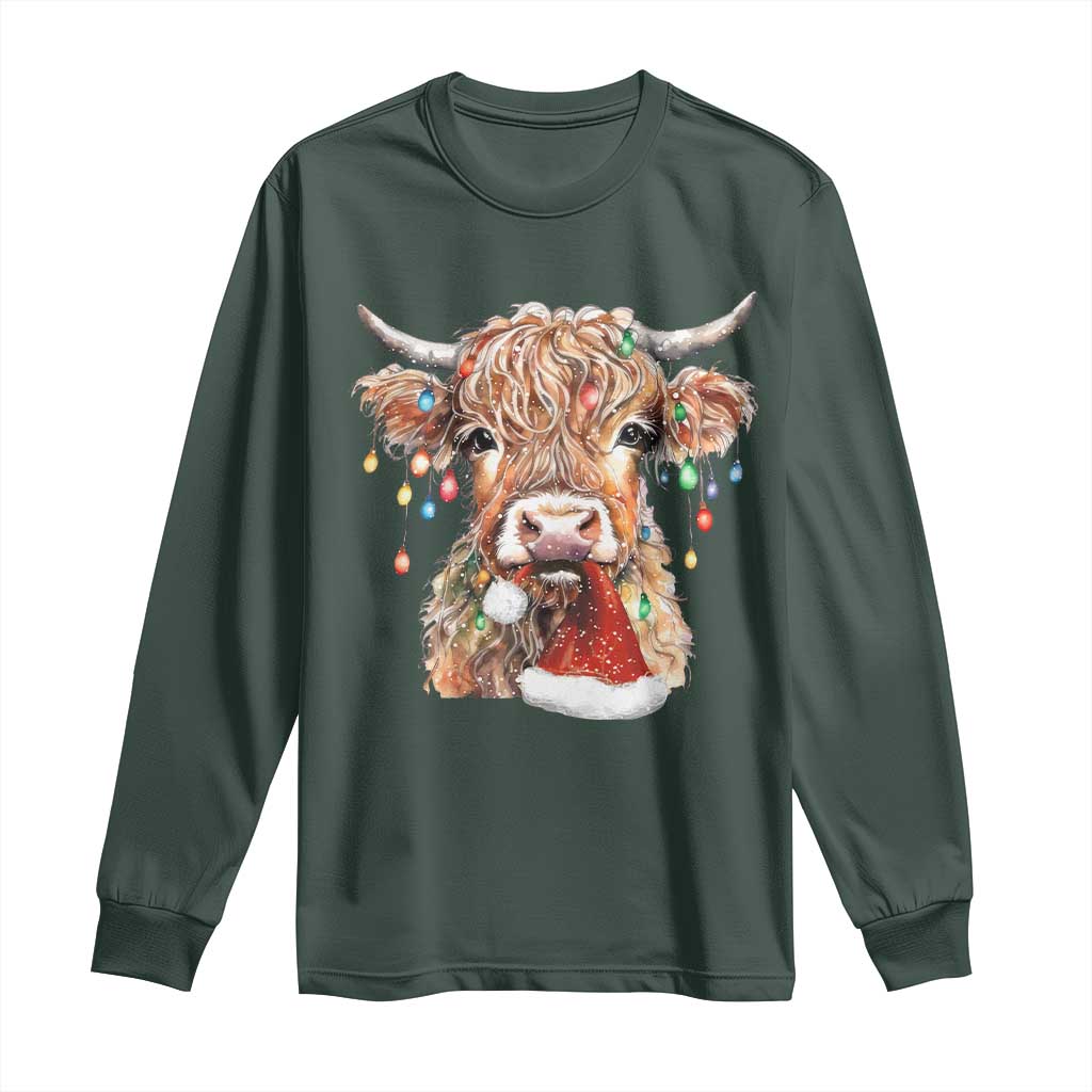 Christmas Cow Long Sleeve Shirt Highland Cow Lights Santa Hats Farm Xmas