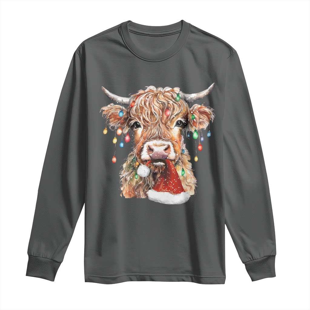 Christmas Cow Long Sleeve Shirt Highland Cow Lights Santa Hats Farm Xmas