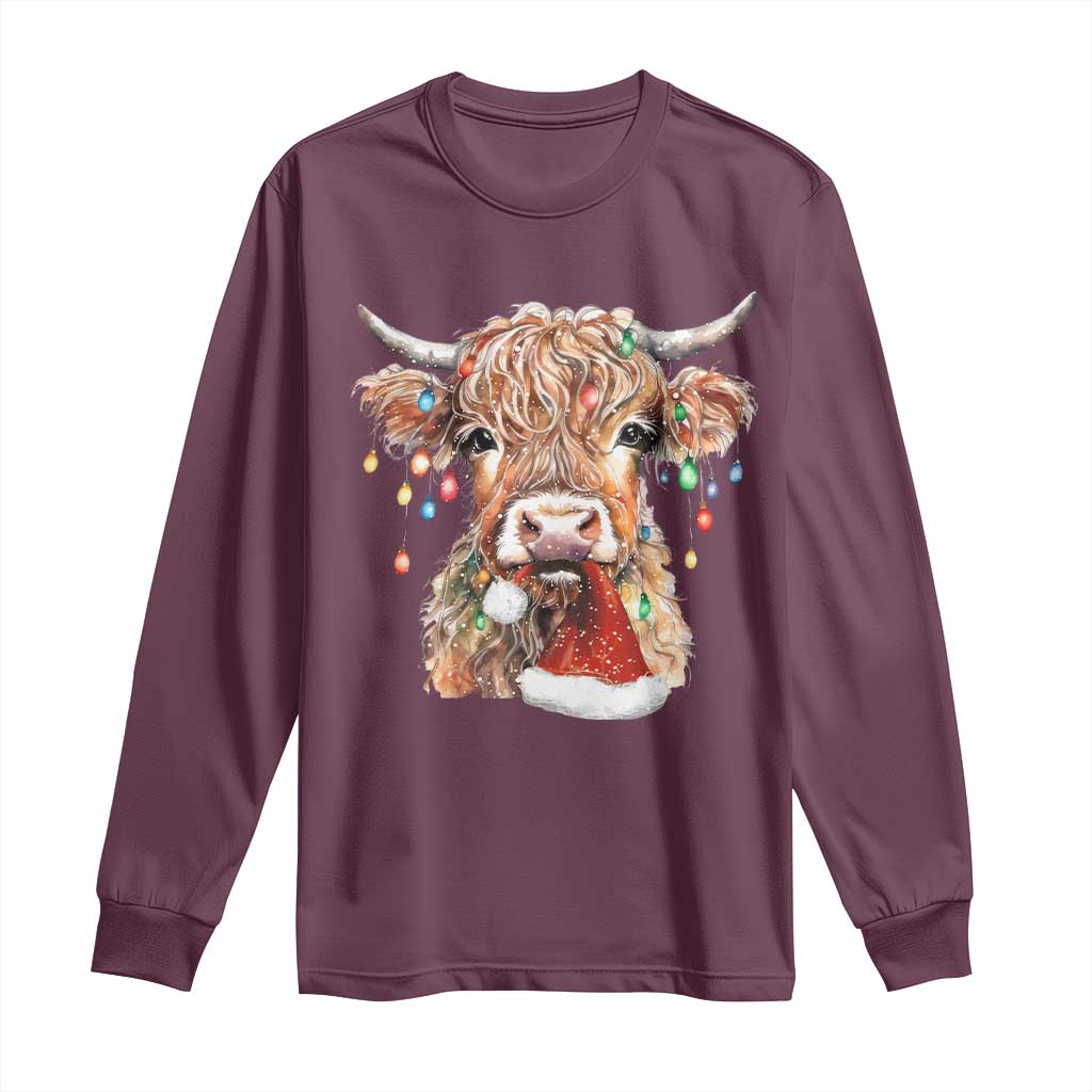 Christmas Cow Long Sleeve Shirt Highland Cow Lights Santa Hats Farm Xmas