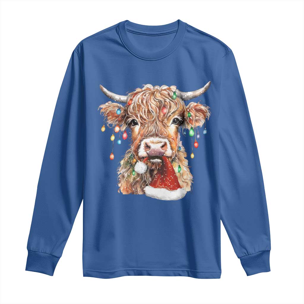 Christmas Cow Long Sleeve Shirt Highland Cow Lights Santa Hats Farm Xmas