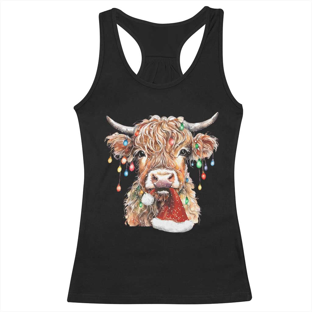 Christmas Cow Racerback Tank Top Highland Cow Lights Santa Hats Farm Xmas