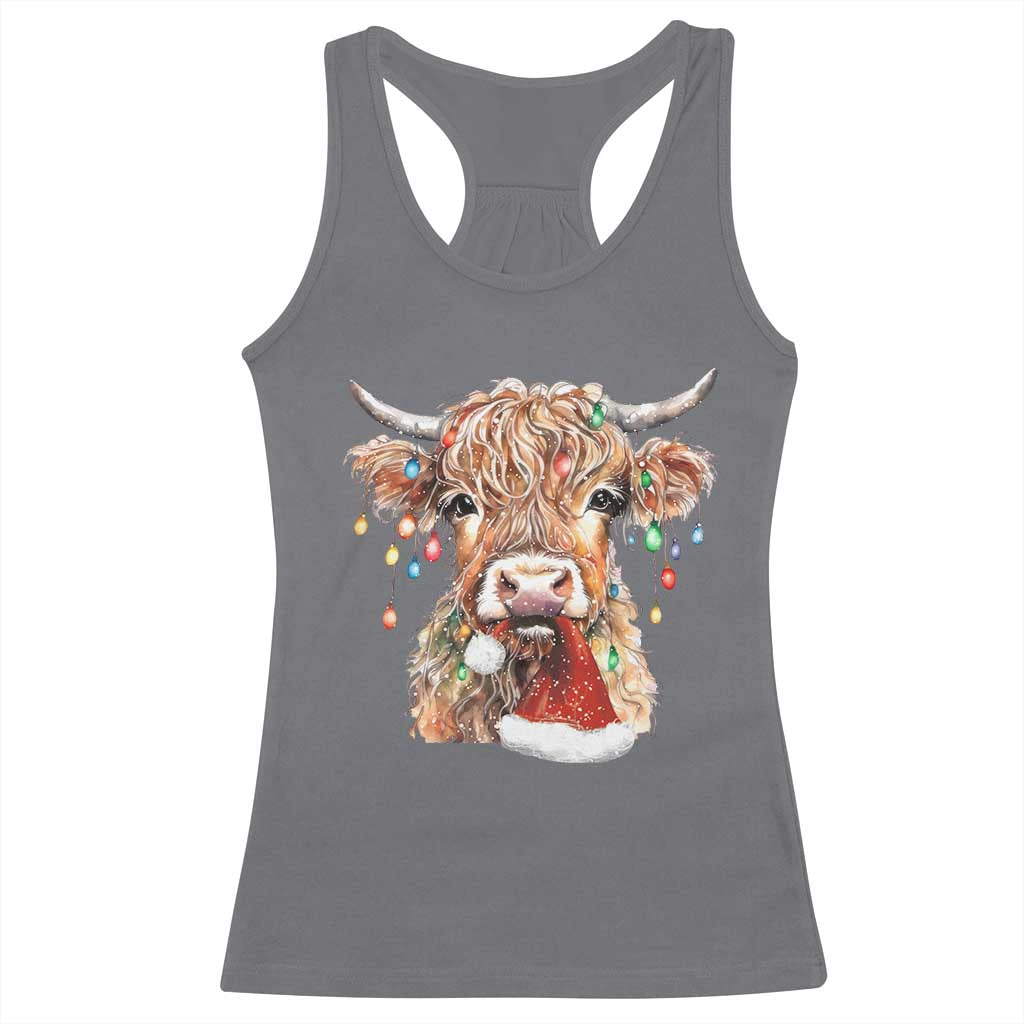 Christmas Cow Racerback Tank Top Highland Cow Lights Santa Hats Farm Xmas
