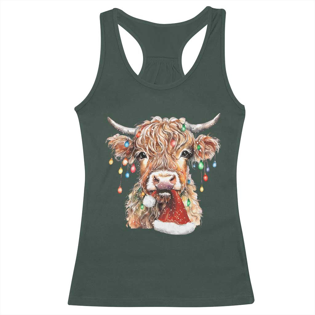 Christmas Cow Racerback Tank Top Highland Cow Lights Santa Hats Farm Xmas