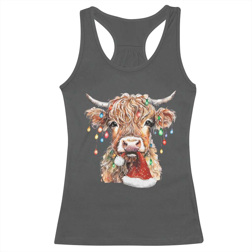 Christmas Cow Racerback Tank Top Highland Cow Lights Santa Hats Farm Xmas