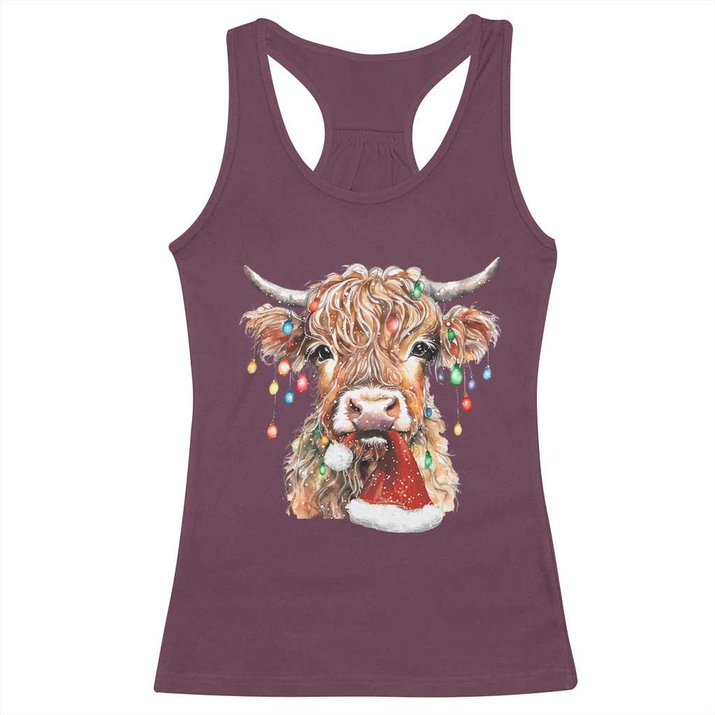 Christmas Cow Racerback Tank Top Highland Cow Lights Santa Hats Farm Xmas