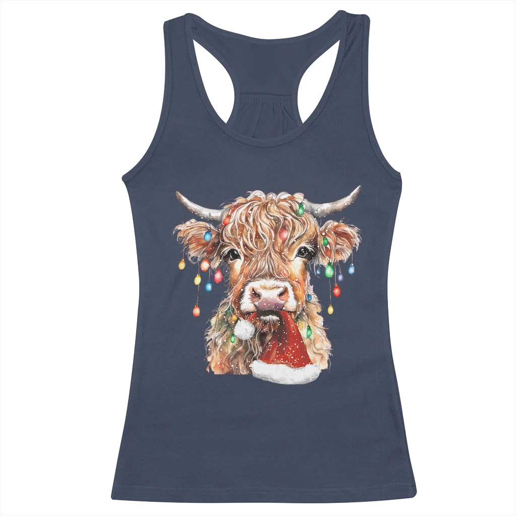 Christmas Cow Racerback Tank Top Highland Cow Lights Santa Hats Farm Xmas