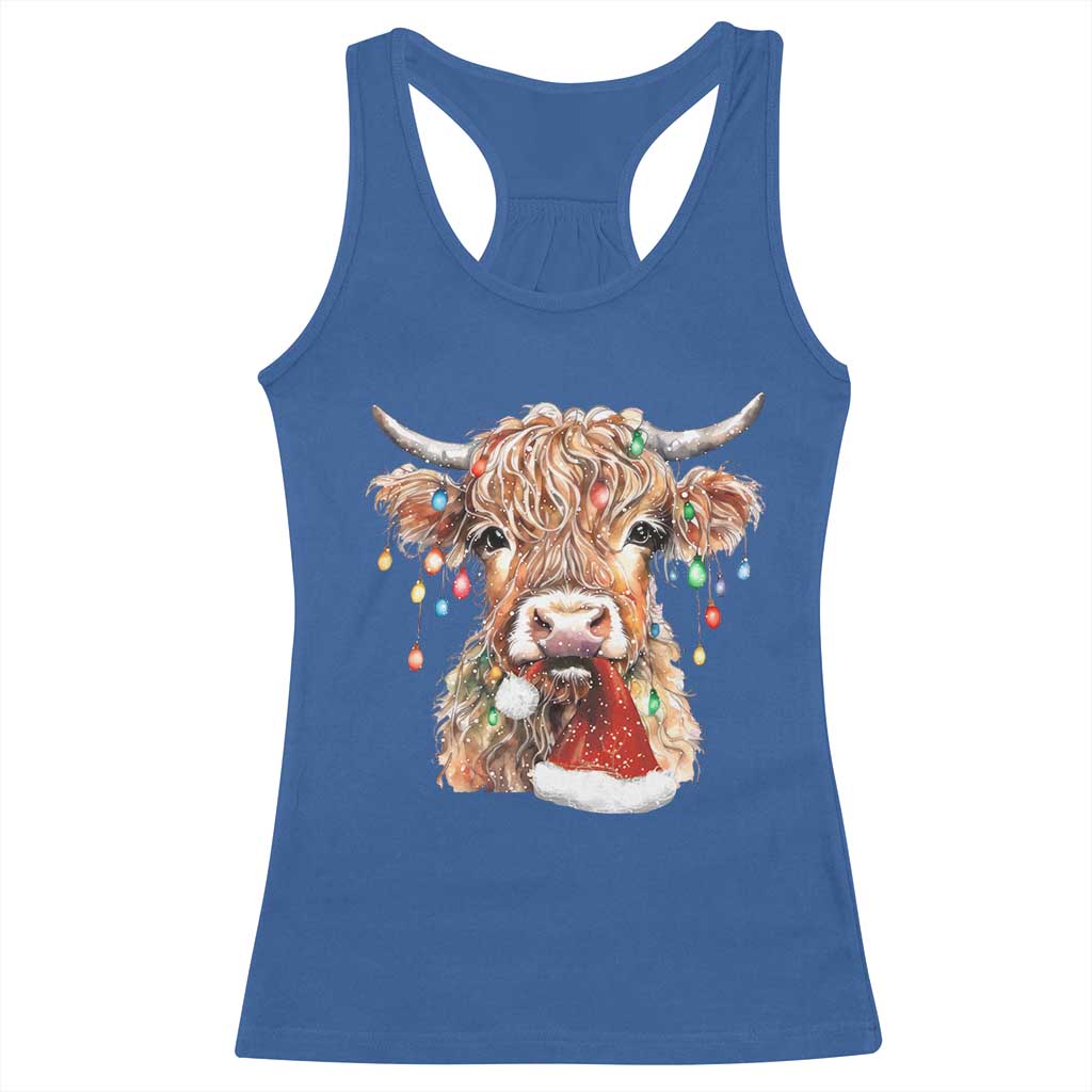 Christmas Cow Racerback Tank Top Highland Cow Lights Santa Hats Farm Xmas