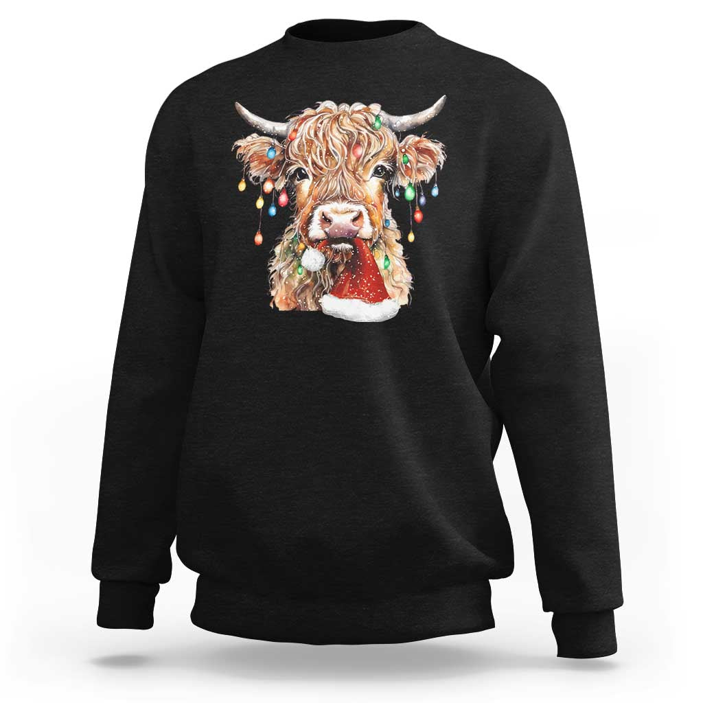 Christmas Cow Sweatshirt Highland Cow Lights Santa Hats Farm Xmas - Wonder Print Shop