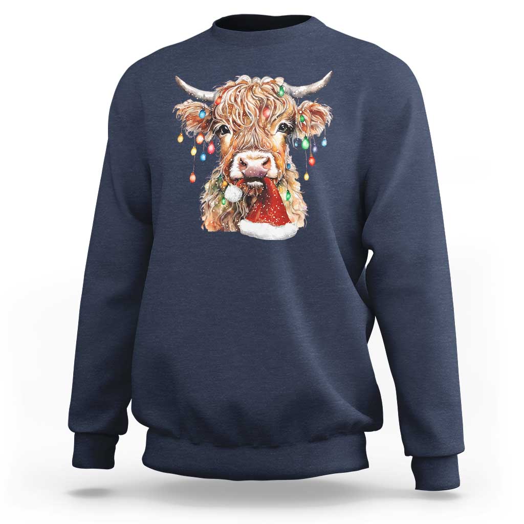 Christmas Cow Sweatshirt Highland Cow Lights Santa Hats Farm Xmas - Wonder Print Shop
