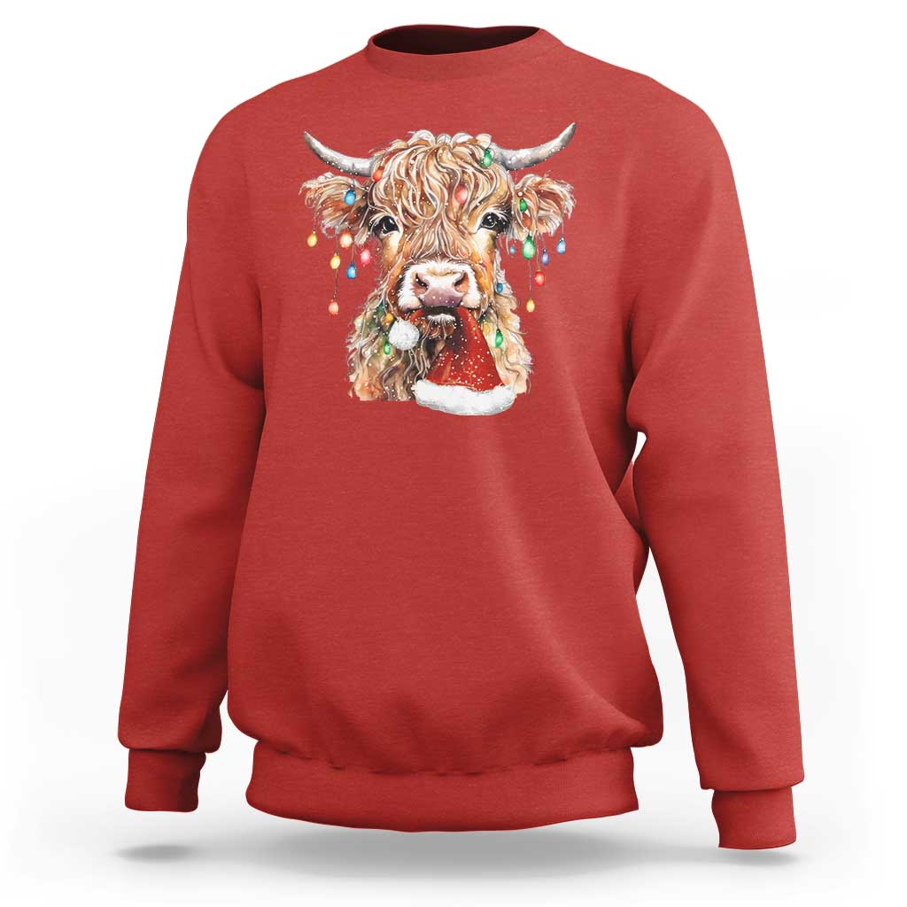 Christmas Cow Sweatshirt Highland Cow Lights Santa Hats Farm Xmas - Wonder Print Shop
